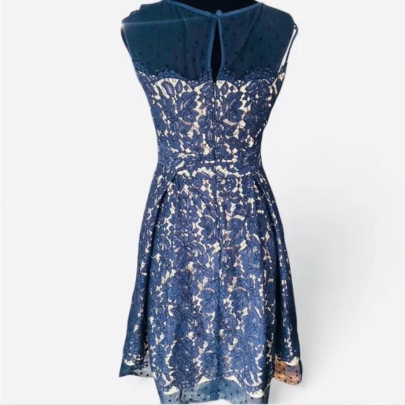 Eliza J Navy Lace Fit Flare Dress Size 2 Illusion Neck - Picture 4 of 7